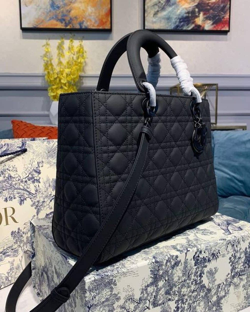 1:1 Replica Christian Dior Large Lady Dior Bag Black For Women 12.5in/32cm CD M0566SLOI_M989