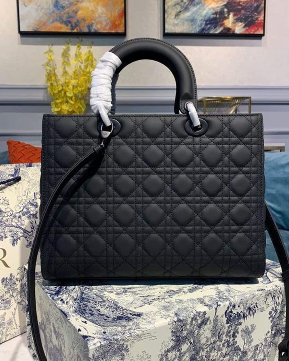 1:1 Replica Christian Dior Large Lady Dior Bag Black For Women 12.5in/32cm CD M0566SLOI_M989
