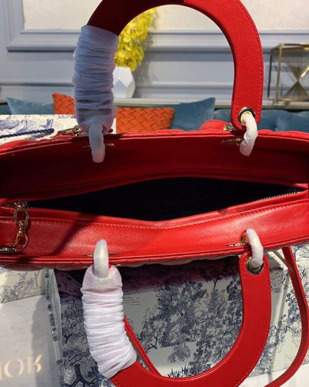 1:1 Replica Christian Dior Large Lady Dior Bag Gold Toned Hardware Cherry Red Cannage For Women CD 12.5in/32cm M0566ONGE_M52R