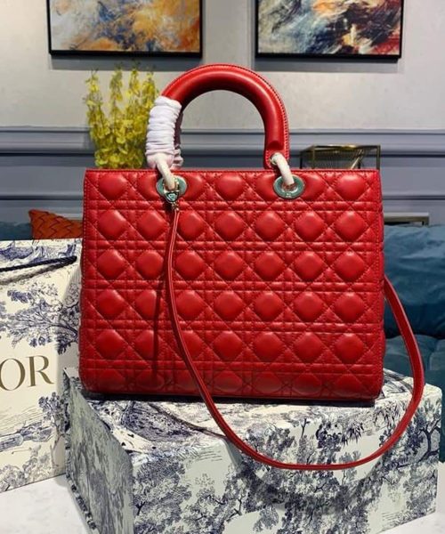 1:1 Replica Christian Dior Large Lady Dior Bag Gold Toned Hardware Cherry Red Cannage For Women CD 12.5in/32cm M0566ONGE_M52R