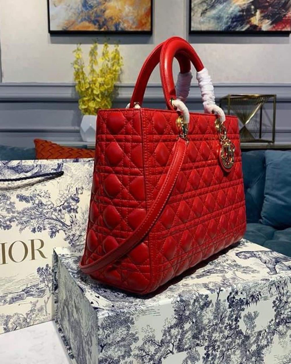 1:1 Replica Christian Dior Large Lady Dior Bag Gold Toned Hardware Cherry Red Cannage For Women CD 12.5in/32cm M0566ONGE_M52R