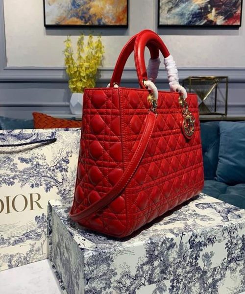 1:1 Replica Christian Dior Large Lady Dior Bag Gold Toned Hardware Cherry Red Cannage For Women CD 12.5in/32cm M0566ONGE_M52R