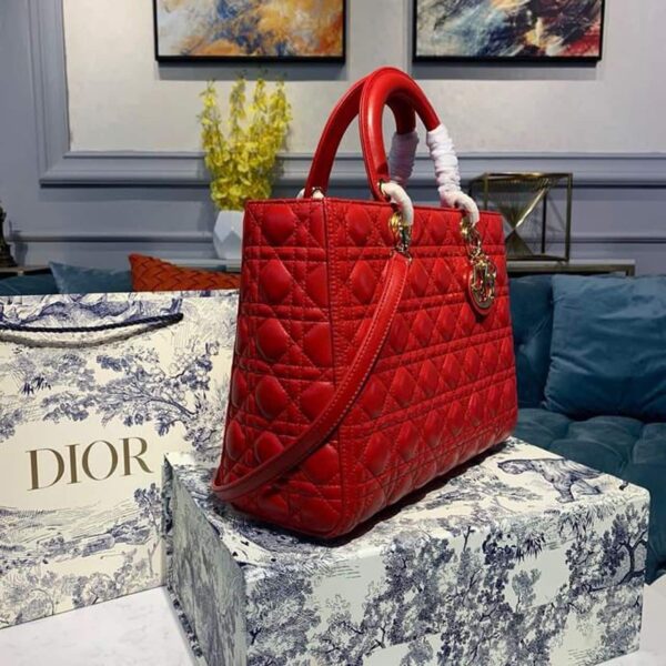 1:1 Replica Christian Dior Large Lady Dior Bag Gold Toned Hardware Cherry Red Cannage For Women CD 12.5in/32cm M0566ONGE_M52R
