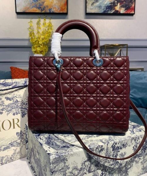 1:1 Replica Christian Dior Large Lady Dior Bag Silver Hardware Burgundy Cannage For Women 12.5in/32cm CD