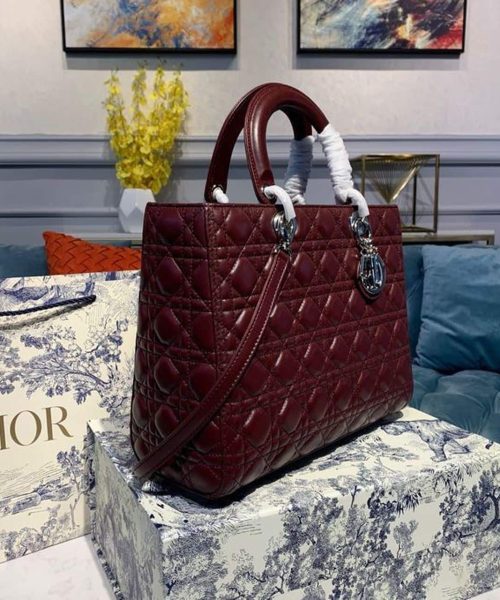 1:1 Replica Christian Dior Large Lady Dior Bag Silver Hardware Burgundy Cannage For Women 12.5in/32cm CD