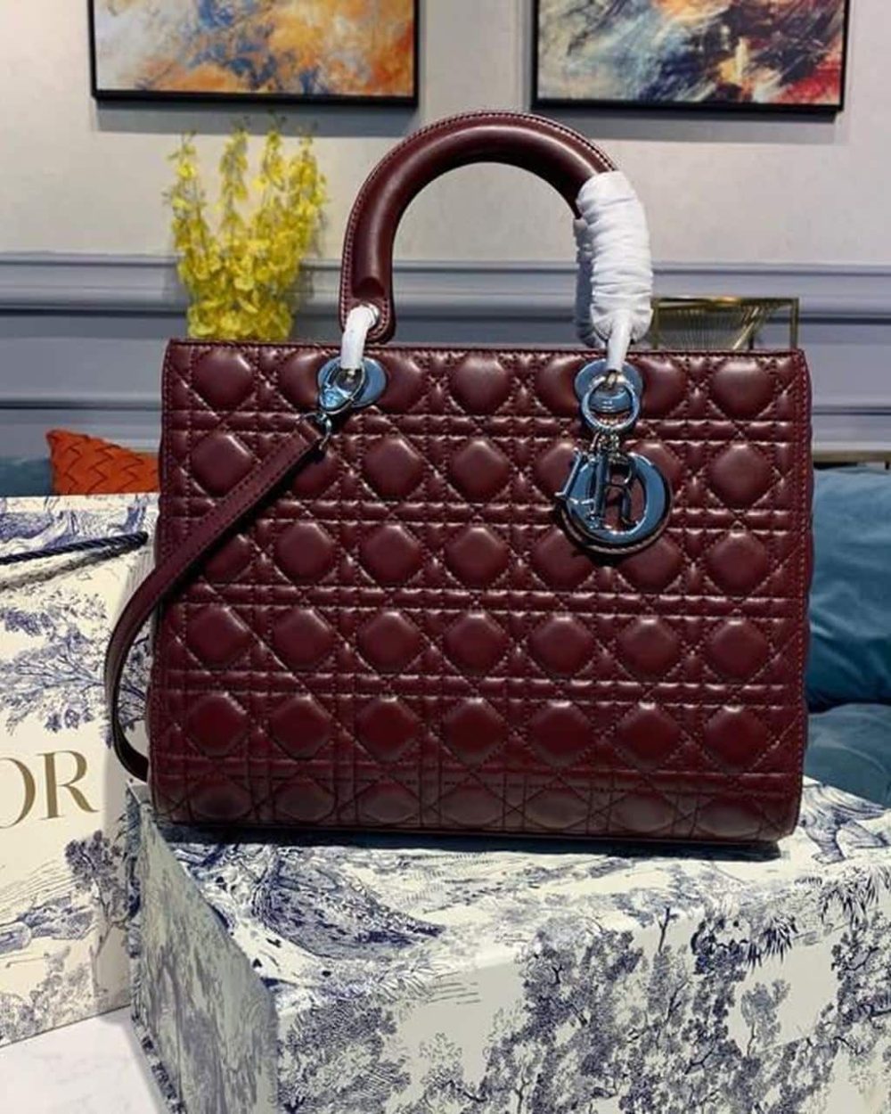 1:1 Replica Christian Dior Large Lady Dior Bag Silver Hardware Burgundy Cannage For Women 12.5in/32cm CD