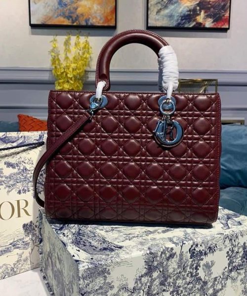 1:1 Replica Christian Dior Large Lady Dior Bag Silver Hardware Burgundy Cannage For Women 12.5in/32cm CD