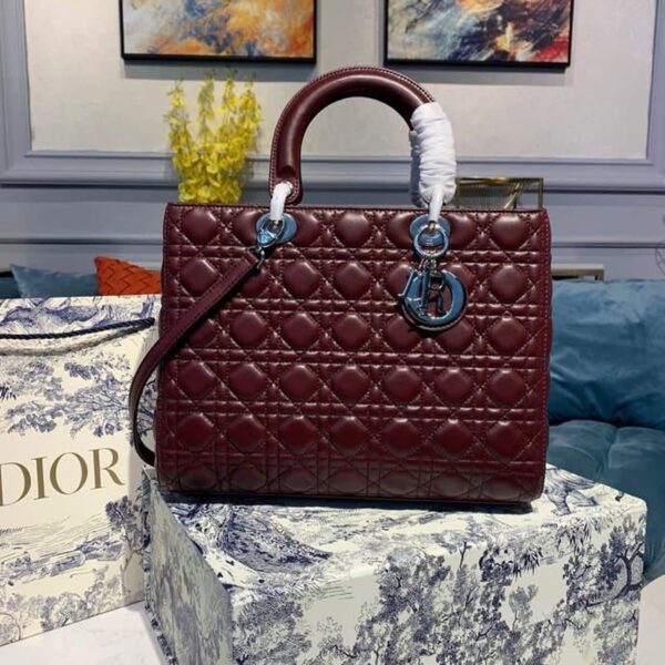 1:1 Replica Christian Dior Large Lady Dior Bag Silver Hardware Burgundy Cannage For Women 12.5in/32cm CD