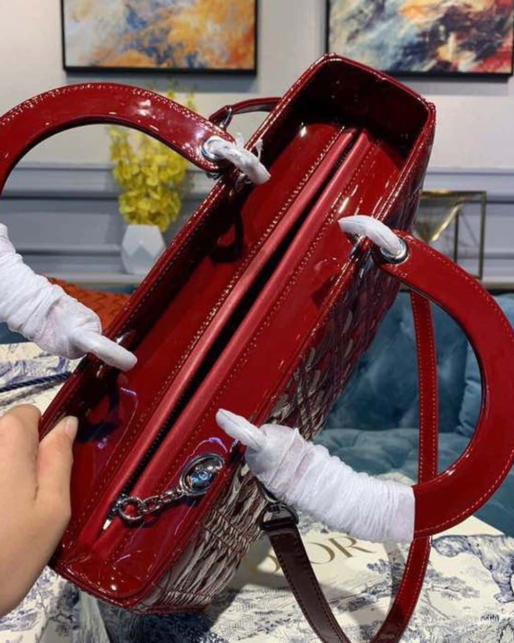 1:1 Replica Christian Dior Large Lady Dior Bag Silver Hardware Cherry Red Patent For Women 12.5in/32cm CD