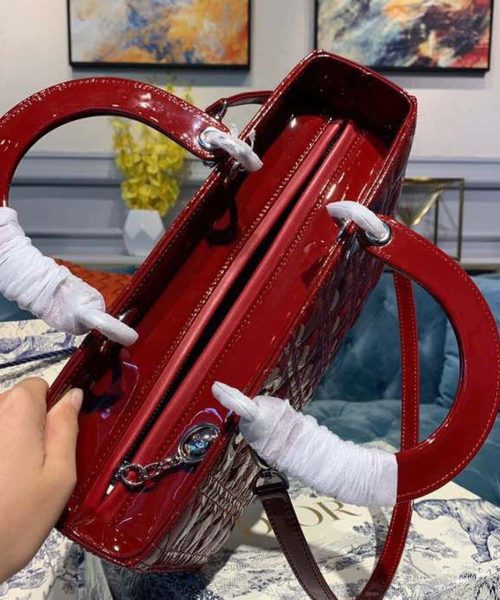 1:1 Replica Christian Dior Large Lady Dior Bag Silver Hardware Cherry Red Patent For Women 12.5in/32cm CD