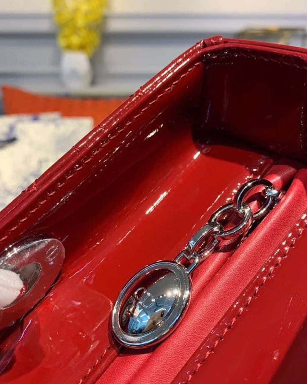 1:1 Replica Christian Dior Large Lady Dior Bag Silver Hardware Cherry Red Patent For Women 12.5in/32cm CD