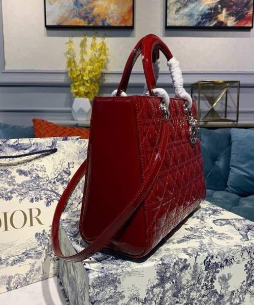 1:1 Replica Christian Dior Large Lady Dior Bag Silver Hardware Cherry Red Patent For Women 12.5in/32cm CD
