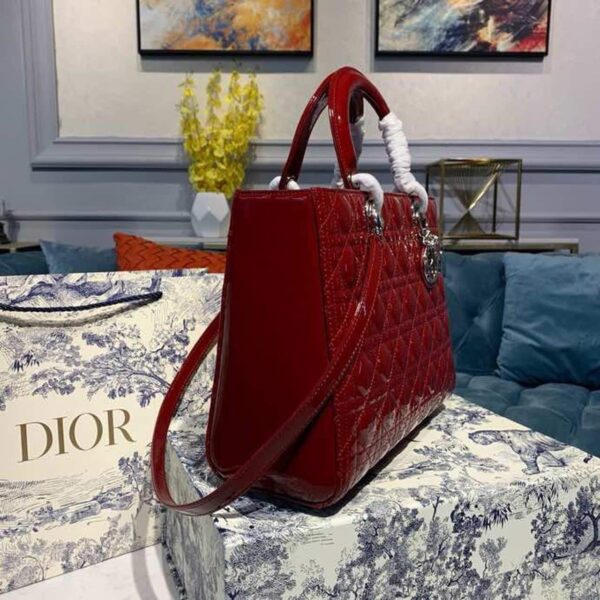 1:1 Replica Christian Dior Large Lady Dior Bag Silver Hardware Cherry Red Patent For Women 12.5in/32cm CD