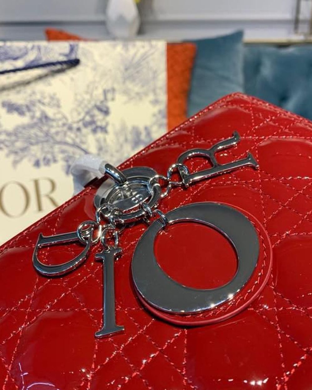 1:1 Replica Christian Dior Large Lady Dior Bag Silver Hardware Cherry Red Patent For Women 12.5in/32cm CD