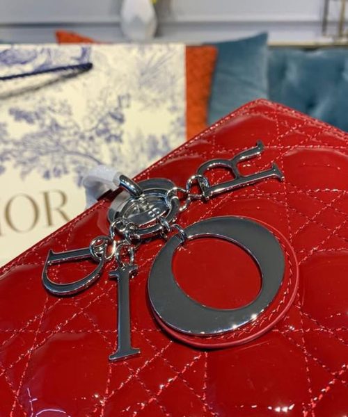 1:1 Replica Christian Dior Large Lady Dior Bag Silver Hardware Cherry Red Patent For Women 12.5in/32cm CD