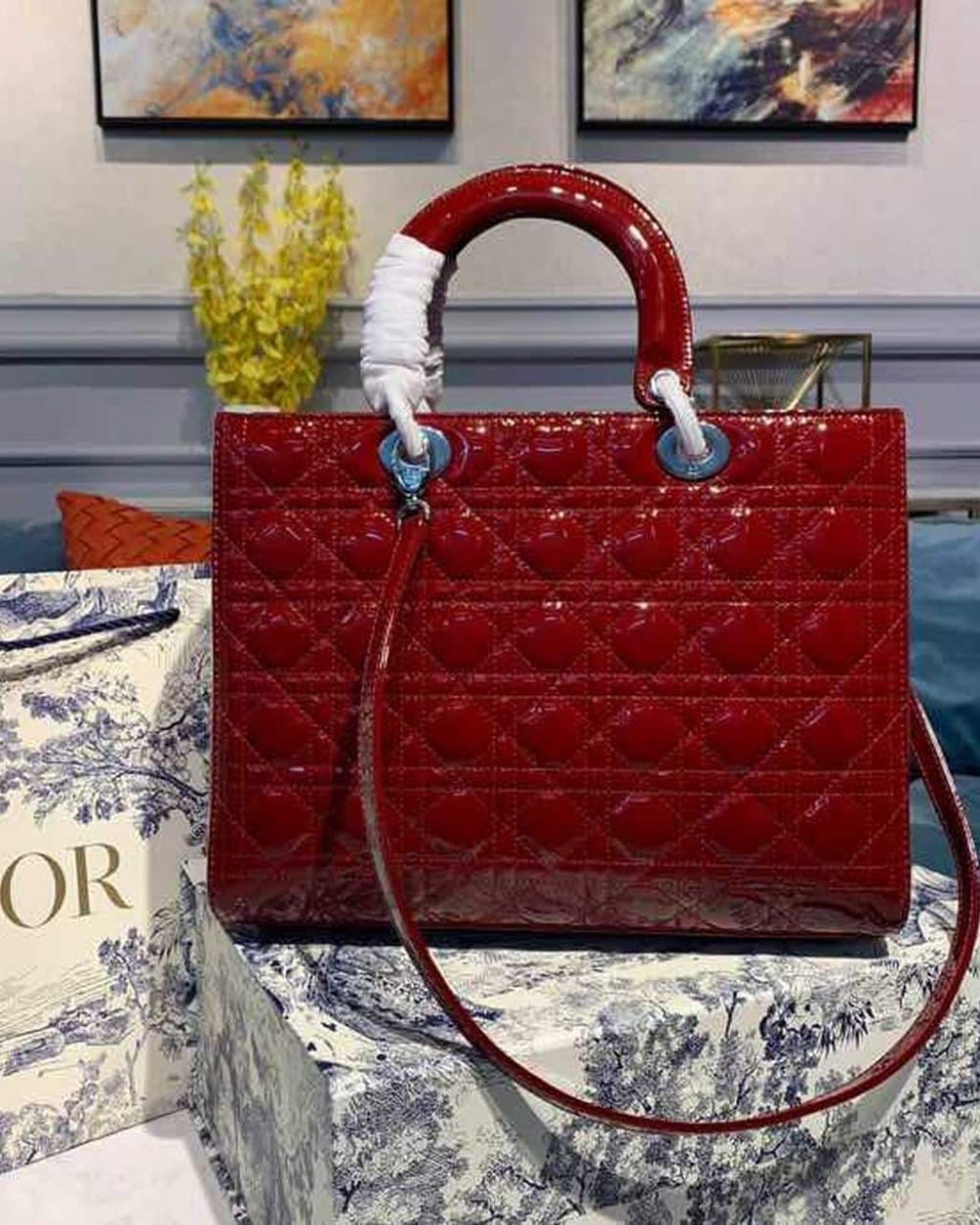 1:1 Replica Christian Dior Large Lady Dior Bag Silver Hardware Cherry Red Patent For Women 12.5in/32cm CD