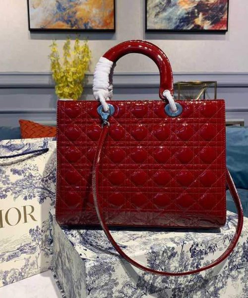1:1 Replica Christian Dior Large Lady Dior Bag Silver Hardware Cherry Red Patent For Women 12.5in/32cm CD