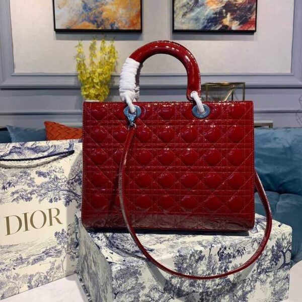 1:1 Replica Christian Dior Large Lady Dior Bag Silver Hardware Cherry Red Patent For Women 12.5in/32cm CD