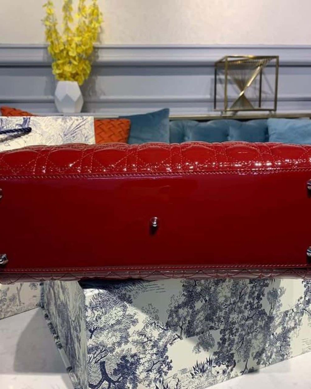 1:1 Replica Christian Dior Large Lady Dior Bag Silver Hardware Cherry Red Patent For Women 12.5in/32cm CD