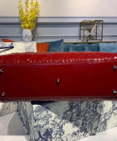 1:1 Replica Christian Dior Large Lady Dior Bag Silver Hardware Cherry Red Patent For Women 12.5in/32cm CD