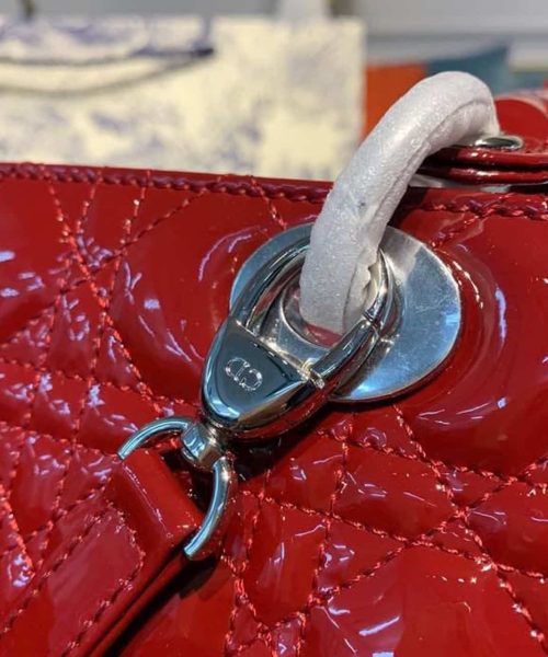 1:1 Replica Christian Dior Large Lady Dior Bag Silver Hardware Cherry Red Patent For Women 12.5in/32cm CD