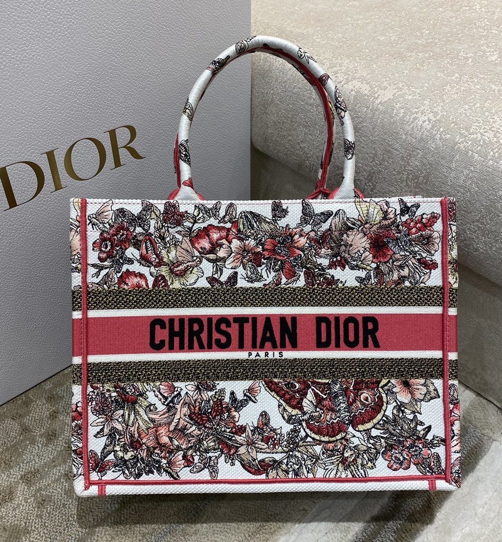 1:1 Replica Christian Dior Medium Dior Book Tote Multicolor Butterfly Embroidery, Red/White, For Women Women’s Handbags, 36cm CD