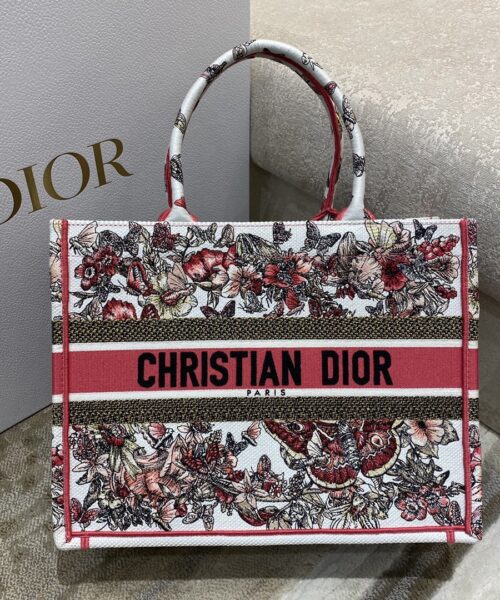 1:1 Replica Christian Dior Medium Dior Book Tote Multicolor Butterfly Embroidery, Red/White, For Women Women’s Handbags, 36cm CD