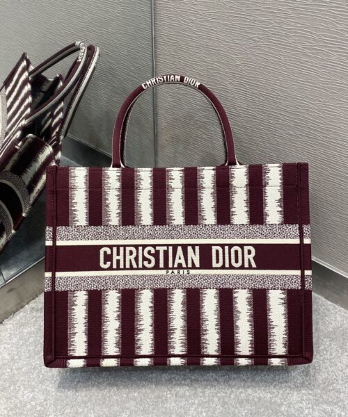 1:1 Replica Christian Dior Medium Dior Book Tote Red D-Stripes Embroidery For Women 36cm/16.5in CD