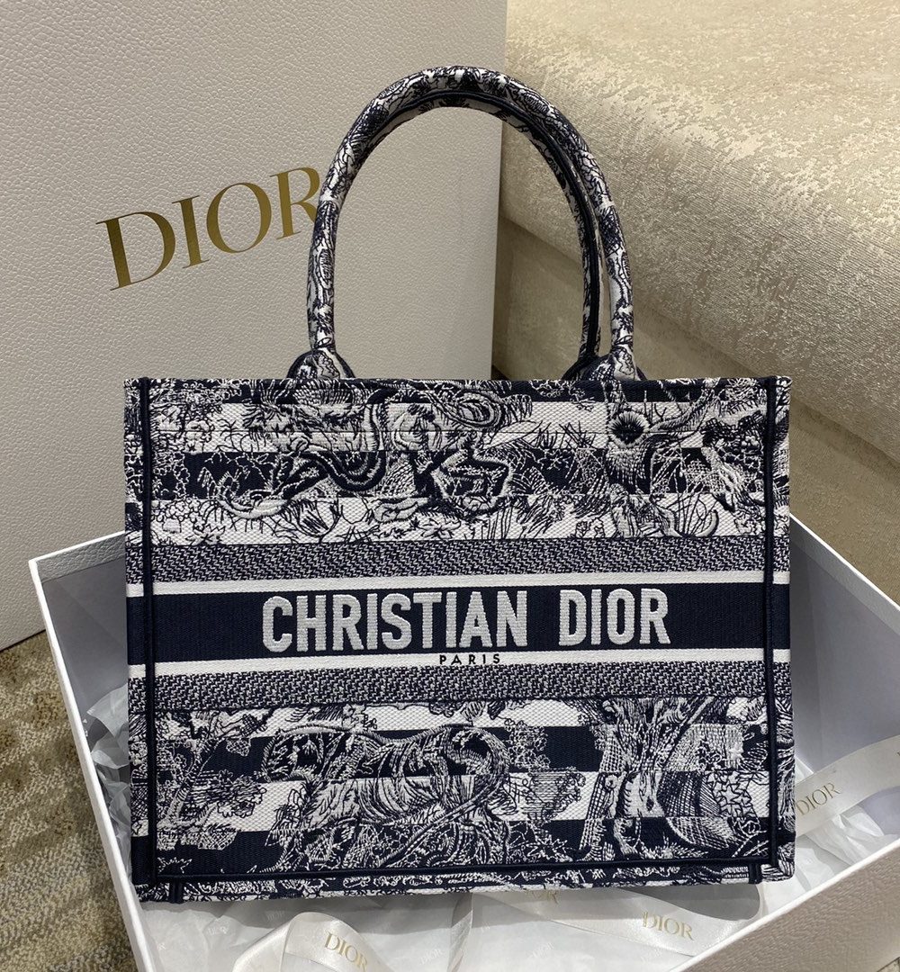 1:1 Replica Christian Dior Medium Dior Book Tote Toile de Jouy Stripes Embroidery, Black For Women Women’s Handbags, 36cm CD M1296ZRLP_M928