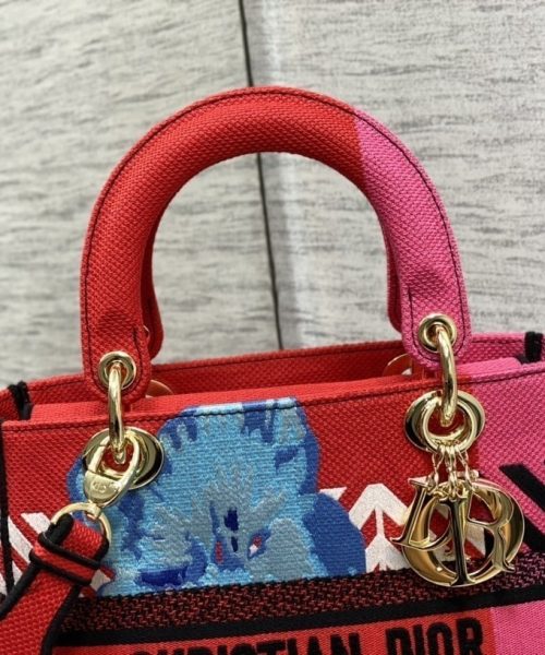 1:1 Replica Christian Dior Medium Lady D-Lite Bag D-Flower Pop Embroidery, Bright Pink Multicolor, For Women Women's Handbags, 24cm CD M0565OROO_M885