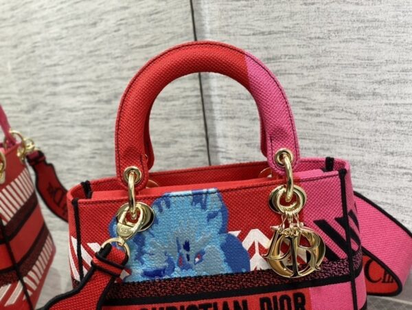 1:1 Replica Christian Dior Medium Lady D-Lite Bag D-Flower Pop Embroidery, Bright Pink Multicolor, For Women Women's Handbags, 24cm CD M0565OROO_M885