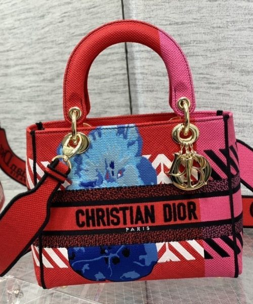 1:1 Replica Christian Dior Medium Lady D-Lite Bag D-Flower Pop Embroidery, Bright Pink Multicolor, For Women Women's Handbags, 24cm CD M0565OROO_M885