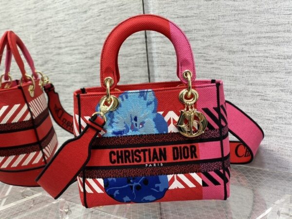 1:1 Replica Christian Dior Medium Lady D-Lite Bag D-Flower Pop Embroidery, Bright Pink Multicolor, For Women Women's Handbags, 24cm CD M0565OROO_M885