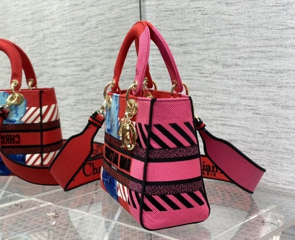 1:1 Replica Christian Dior Medium Lady D-Lite Bag D-Flower Pop Embroidery, Bright Pink Multicolor, For Women Women's Handbags, 24cm CD M0565OROO_M885