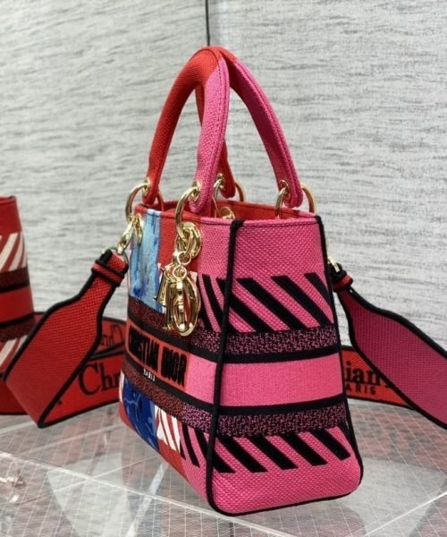 1:1 Replica Christian Dior Medium Lady D-Lite Bag D-Flower Pop Embroidery, Bright Pink Multicolor, For Women Women's Handbags, 24cm CD M0565OROO_M885