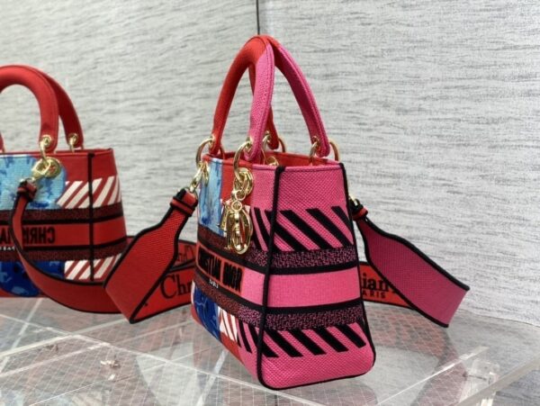 1:1 Replica Christian Dior Medium Lady D-Lite Bag D-Flower Pop Embroidery, Bright Pink Multicolor, For Women Women's Handbags, 24cm CD M0565OROO_M885