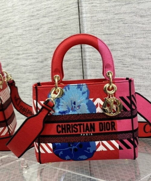 1:1 Replica Christian Dior Medium Lady D-Lite Bag D-Flower Pop Embroidery, Bright Pink Multicolor, For Women Women's Handbags, 24cm CD M0565OROO_M885