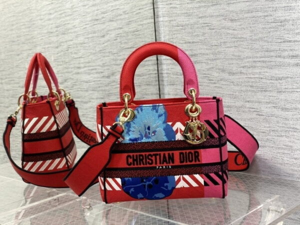 1:1 Replica Christian Dior Medium Lady D-Lite Bag D-Flower Pop Embroidery, Bright Pink Multicolor, For Women Women's Handbags, 24cm CD M0565OROO_M885