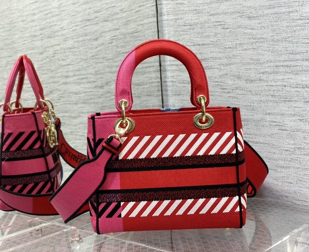 1:1 Replica Christian Dior Medium Lady D-Lite Bag D-Flower Pop Embroidery, Bright Pink Multicolor, For Women Women's Handbags, 24cm CD M0565OROO_M885