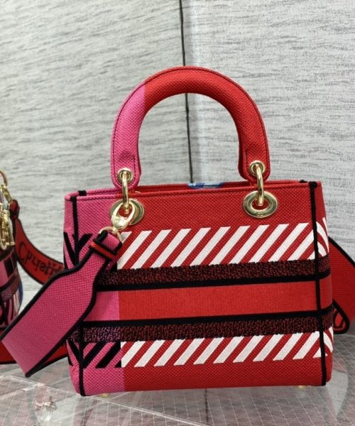1:1 Replica Christian Dior Medium Lady D-Lite Bag D-Flower Pop Embroidery, Bright Pink Multicolor, For Women Women's Handbags, 24cm CD M0565OROO_M885