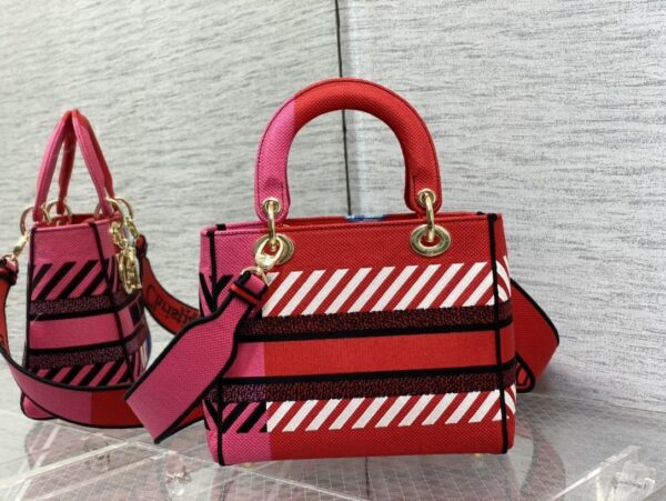 1:1 Replica Christian Dior Medium Lady D-Lite Bag D-Flower Pop Embroidery, Bright Pink Multicolor, For Women Women's Handbags, 24cm CD M0565OROO_M885