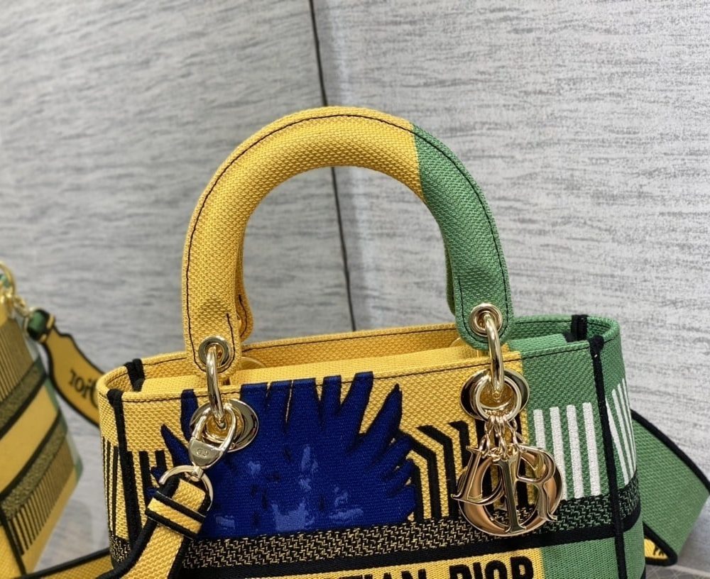 1:1 Replica Christian Dior Medium Lady D-Lite Bag D-Flower Pop Embroidery, Bright Yellow/Green, For Women Women's Handbags, 24cm CD M0565OROO_M886