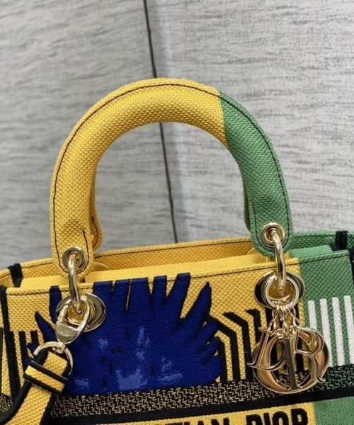 1:1 Replica Christian Dior Medium Lady D-Lite Bag D-Flower Pop Embroidery, Bright Yellow/Green, For Women Women's Handbags, 24cm CD M0565OROO_M886