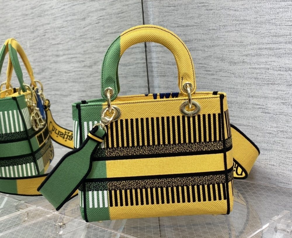 1:1 Replica Christian Dior Medium Lady D-Lite Bag D-Flower Pop Embroidery, Bright Yellow/Green, For Women Women's Handbags, 24cm CD M0565OROO_M886