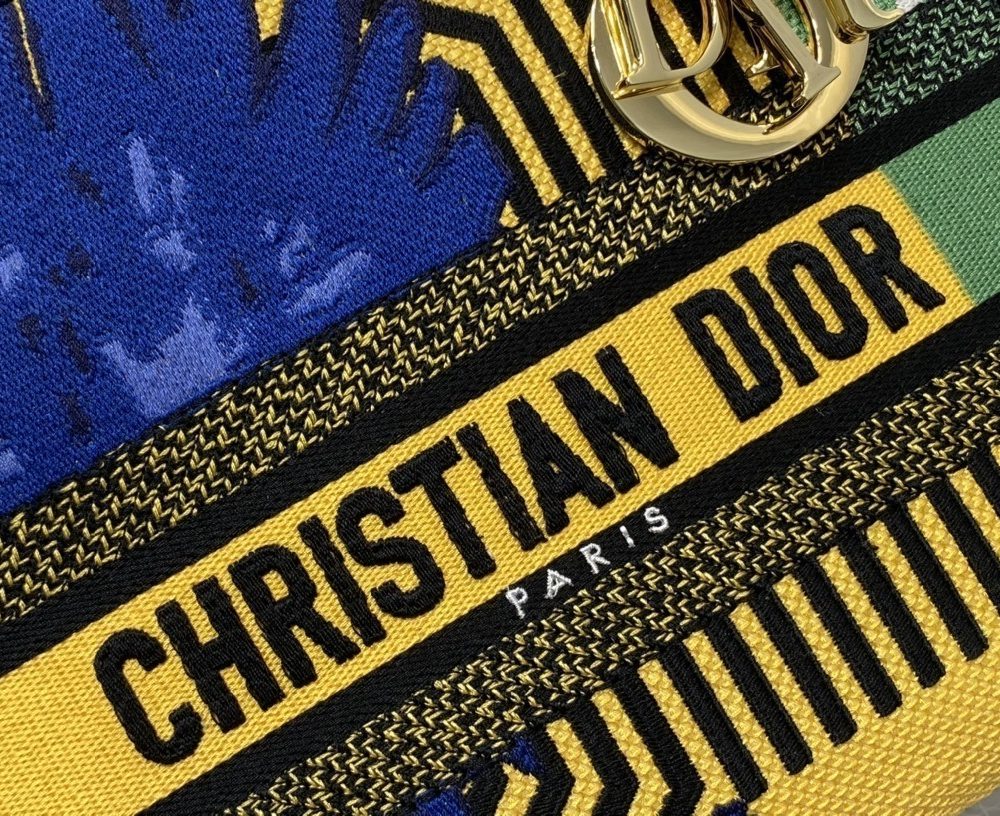 1:1 Replica Christian Dior Medium Lady D-Lite Bag D-Flower Pop Embroidery, Bright Yellow/Green, For Women Women's Handbags, 24cm CD M0565OROO_M886