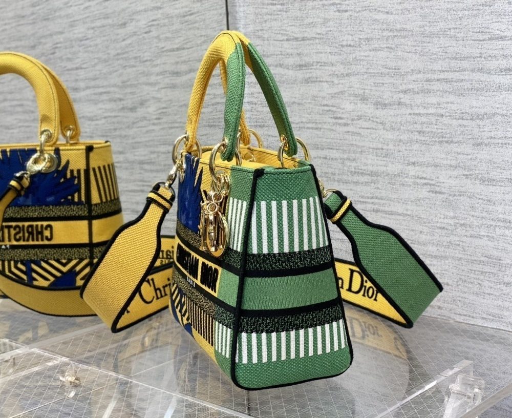 1:1 Replica Christian Dior Medium Lady D-Lite Bag D-Flower Pop Embroidery, Bright Yellow/Green, For Women Women's Handbags, 24cm CD M0565OROO_M886