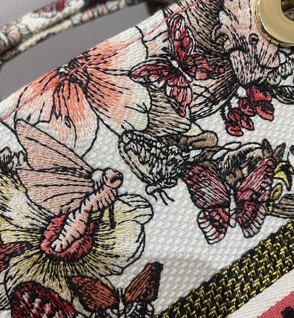 1:1 Replica Christian Dior Medium Lady D-Lite Bag Multicolor Butterfly Embroidery, Red/Latte, For Women Women's Handbags, 24cm CD M0565ORHQ_M884