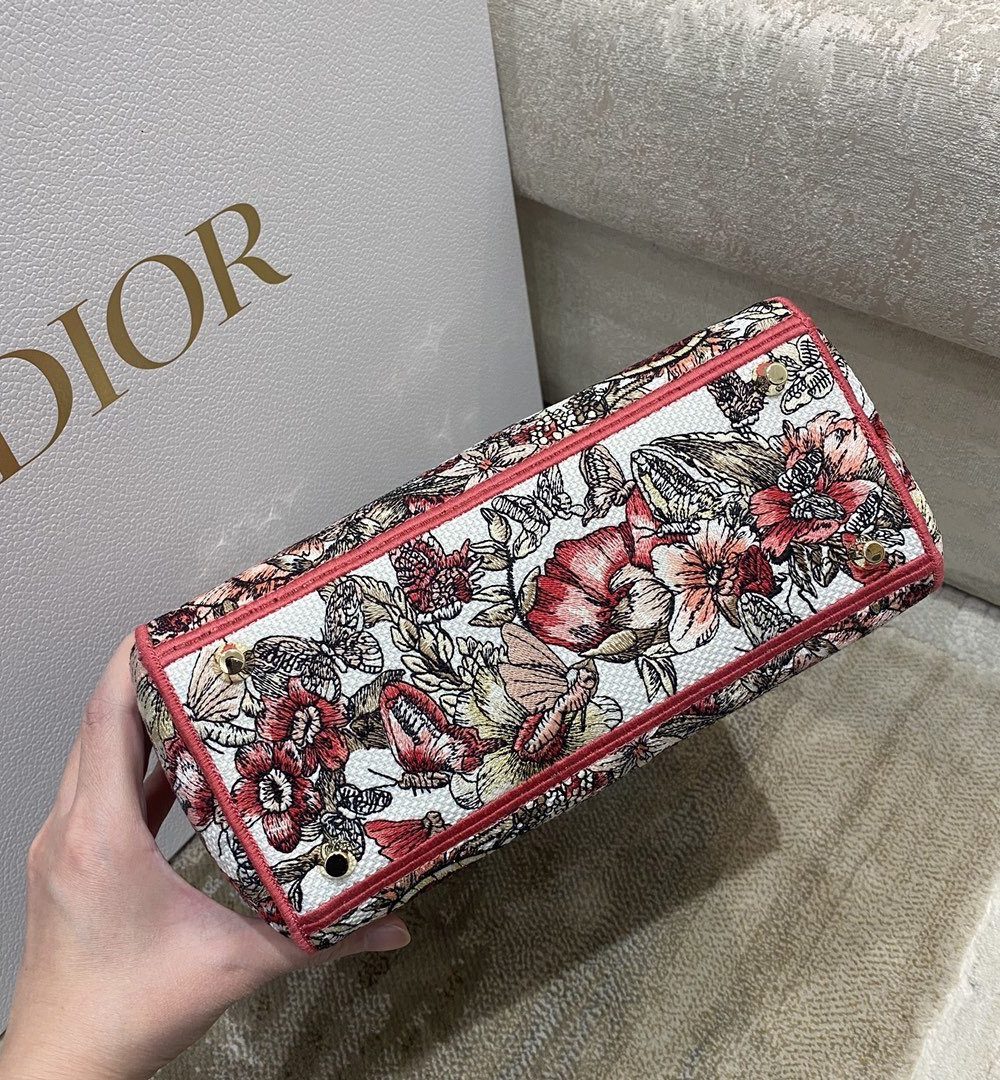1:1 Replica Christian Dior Medium Lady D-Lite Bag Multicolor Butterfly Embroidery, Red/Latte, For Women Women's Handbags, 24cm CD M0565ORHQ_M884