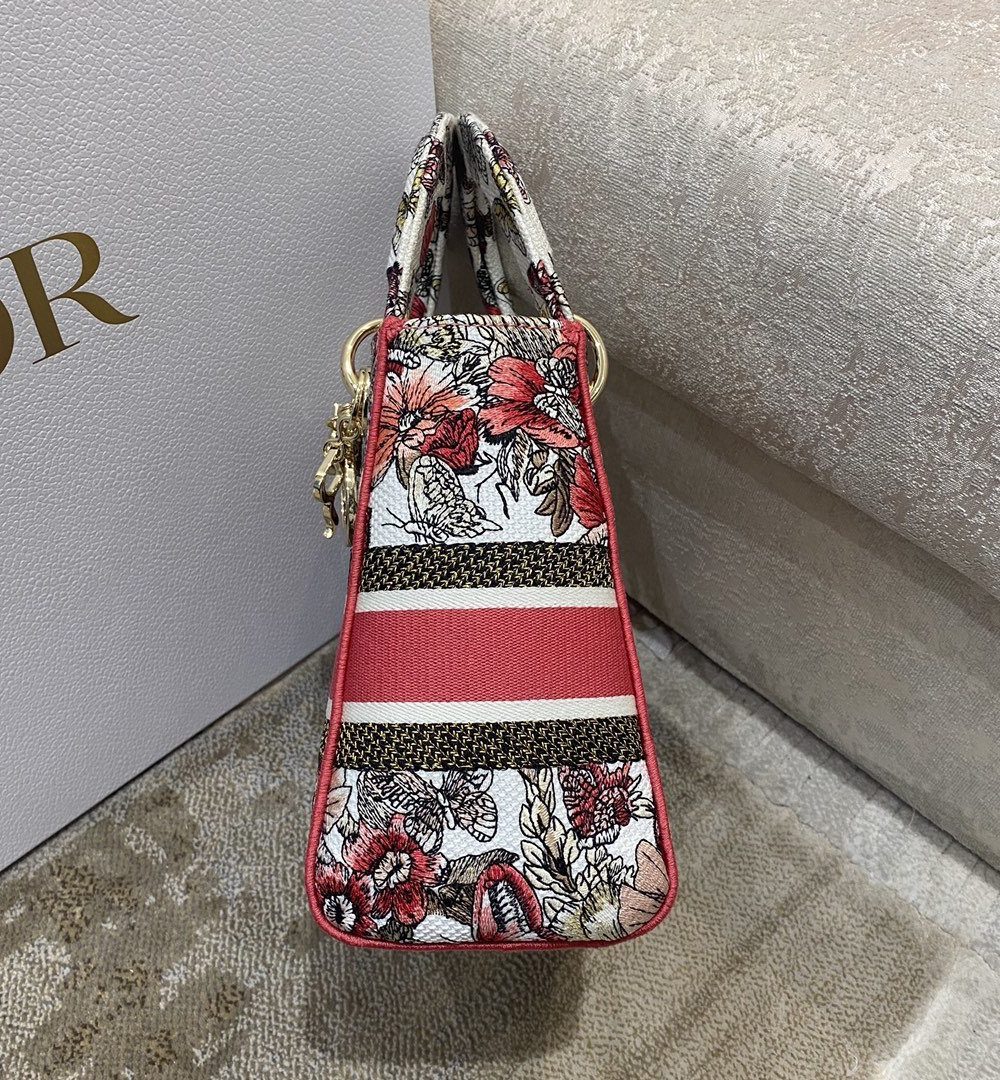 1:1 Replica Christian Dior Medium Lady D-Lite Bag Multicolor Butterfly Embroidery, Red/Latte, For Women Women's Handbags, 24cm CD M0565ORHQ_M884