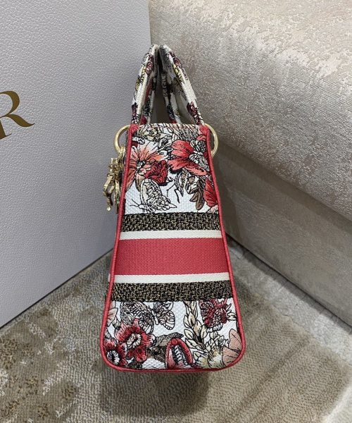 1:1 Replica Christian Dior Medium Lady D-Lite Bag Multicolor Butterfly Embroidery, Red/Latte, For Women Women's Handbags, 24cm CD M0565ORHQ_M884